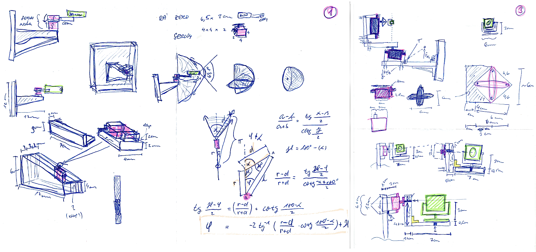 Initial sketches of servo motor motion and arm movement calculations.